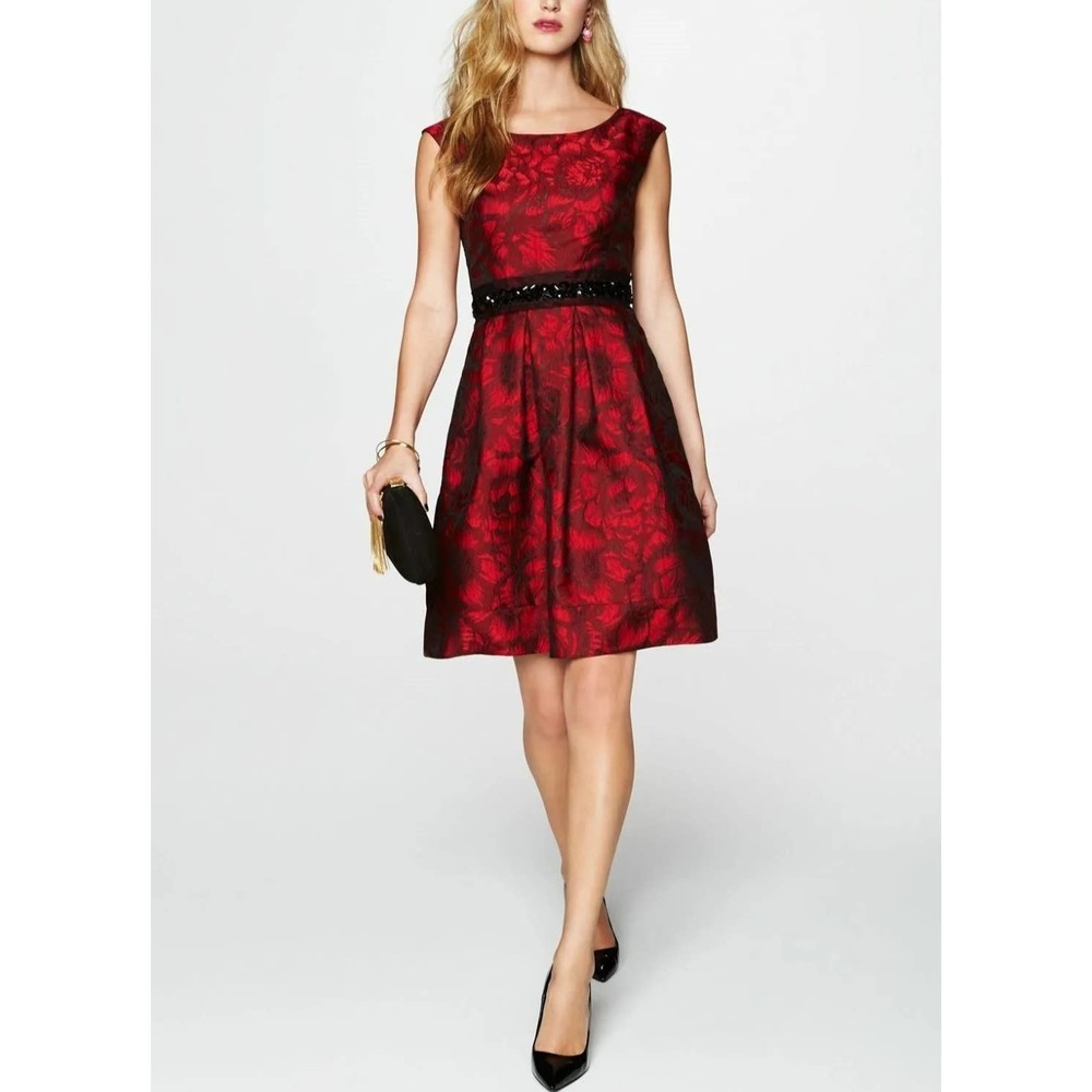 ELIZA J Red & Black Embellished Waist Brocade Fit & Flare Dress Sz. 4P